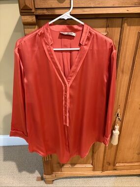 GO BY GO SILK Coral-Red Satin V-Neck Blouse Size M